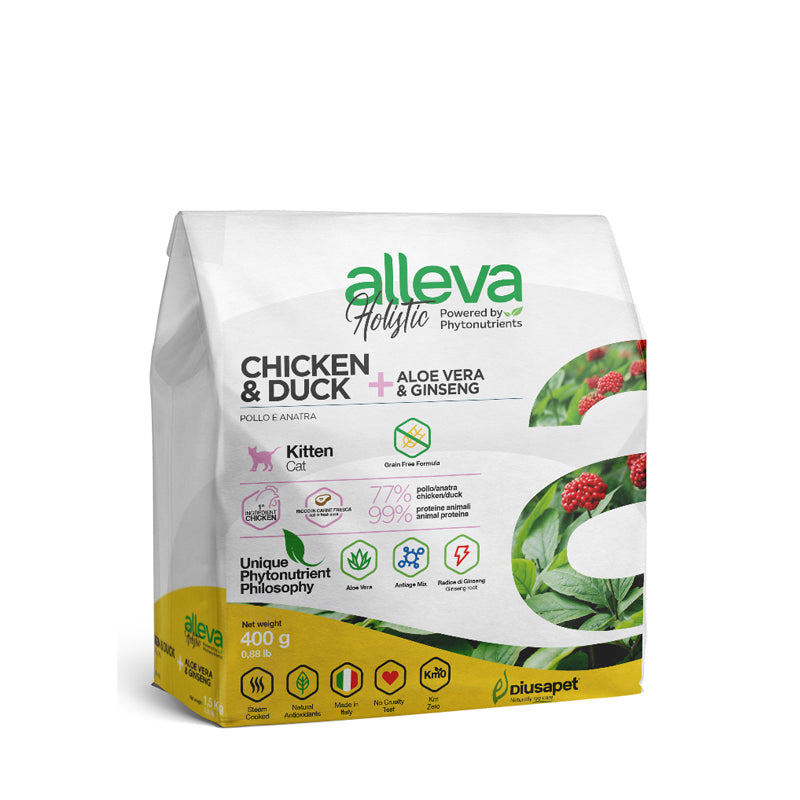 Alleva Holistic 意大利無穀物 草本呵護天然糧 Chicken & Duck & Aloe Vera & Ginseng 鮮雞+鮮鴨+蘆薈+人參 Kitten 幼貓 400g