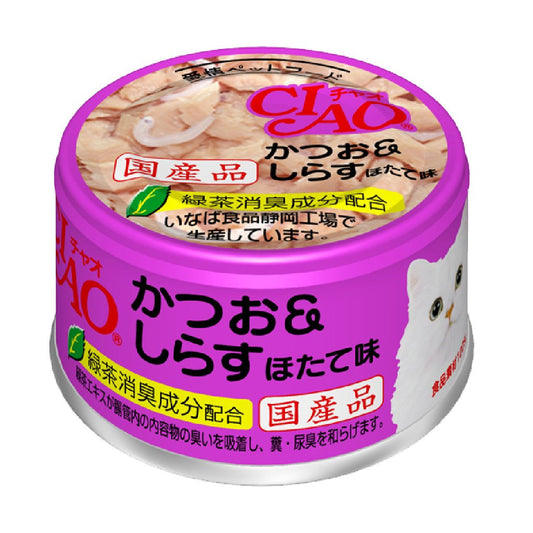 CIAO A-12 鰹魚+白飯魚仔 (瑤柱味) 貓罐 85g